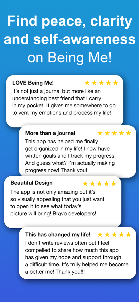 Four 5-star user reviews for the Being Me journal app on a blue background