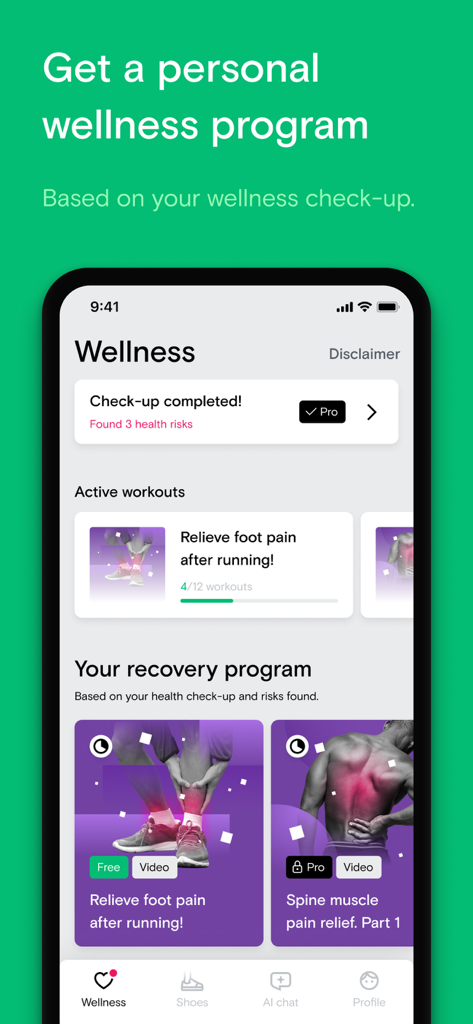 Neatsy AI health assistant - Neatsy AI mobile app screen displaying a personalized wellness program and recovery exercises for foot and spine pain