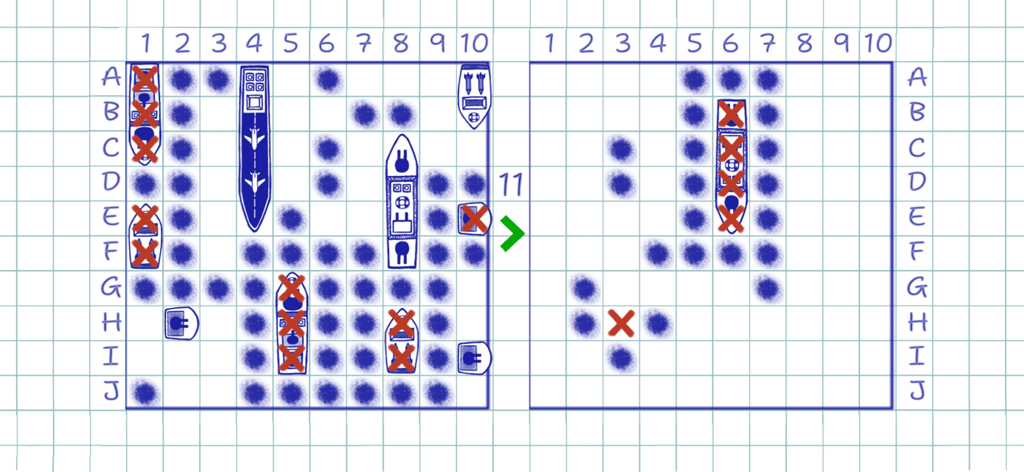 青インクと赤のマークが付いた市松模様のグリッドに手描きの船を表示する、「友達との海戦オンライン」のゲームプレイ。