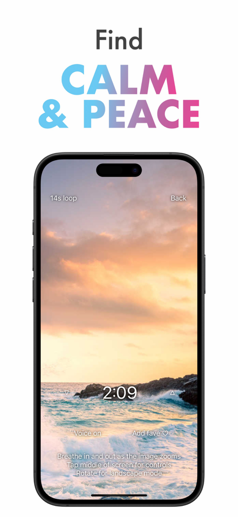 iPhone screen showing a guided breathing exercise with a sunset ocean background in the StressFace app