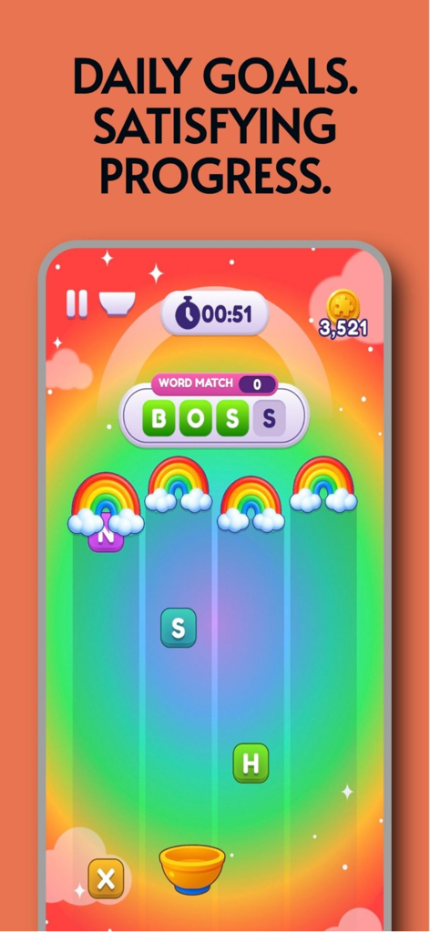Una captura de pantalla del juego móvil Worde Flow con letras que caen de arcoíris para igualar la palabra 'BOSS'.