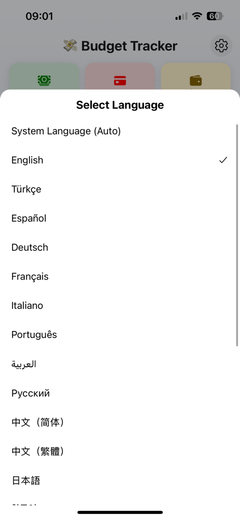 SmartBudget Pro - Language selection menu in the SmartBudget Pro app showing international options