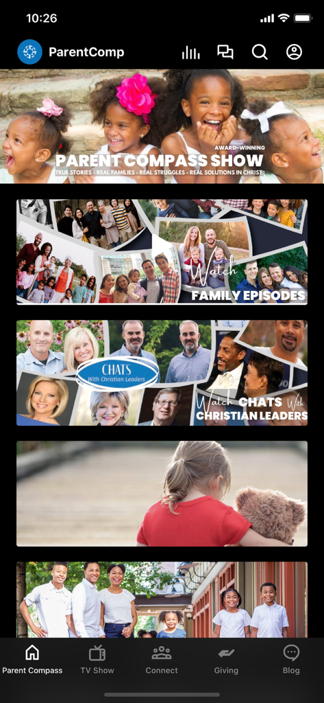 Parent Compass App - Parent Compass app home screen displaying faith-based family episodes and expert chats