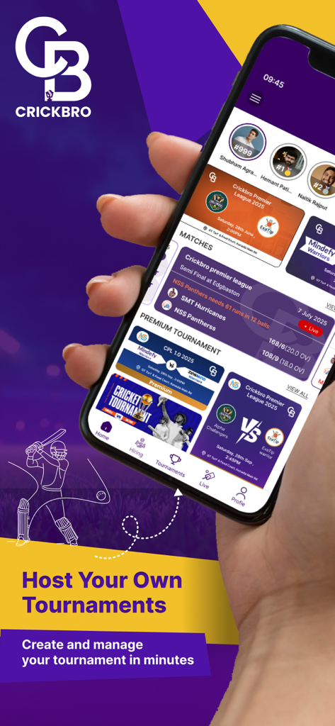 CrickBro - Cricket Scoring App - Smartphone displaying CrickBro app interface for hosting and managing cricket tournaments with live scores