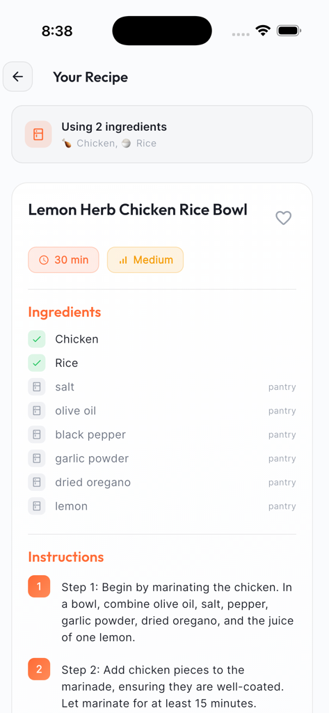 Tango Epicurean Alchemy - Tango app screen showing a Lemon Herb Chicken Rice Bowl recipe