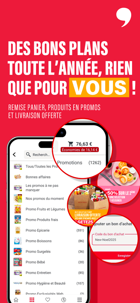 Écran de l'application d'épicerie Monoprix affichant des offres, des réductions et des codes promotionnels sur les produits d'épicerie