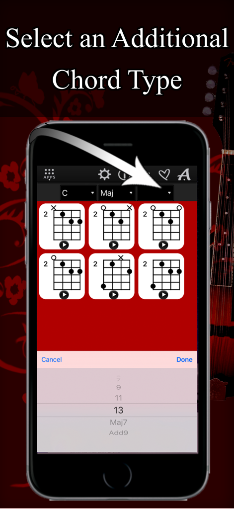 Mandolin Chords Compass - Interfaccia dell'app Bussola Accordi Mandolino per selezionare tipi di accordi aggiuntivi ed estensioni.