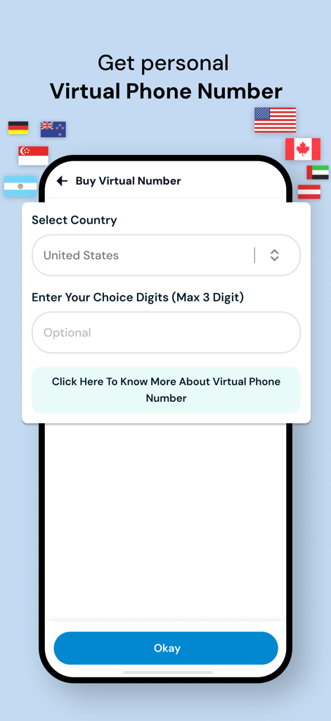 Interface for choosing a virtual phone number within the Private Message Box app