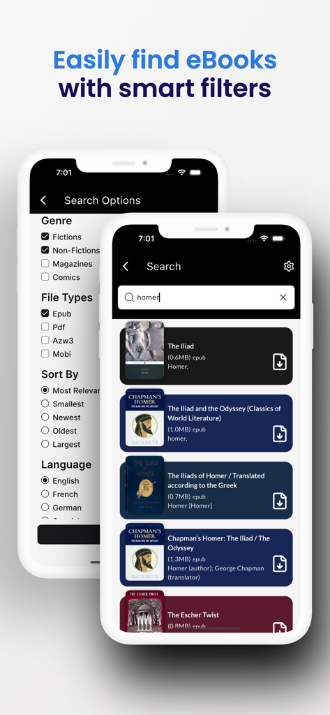 Grook - Interface of Grook app showing eBook search results and smart filtering options for genre and file types