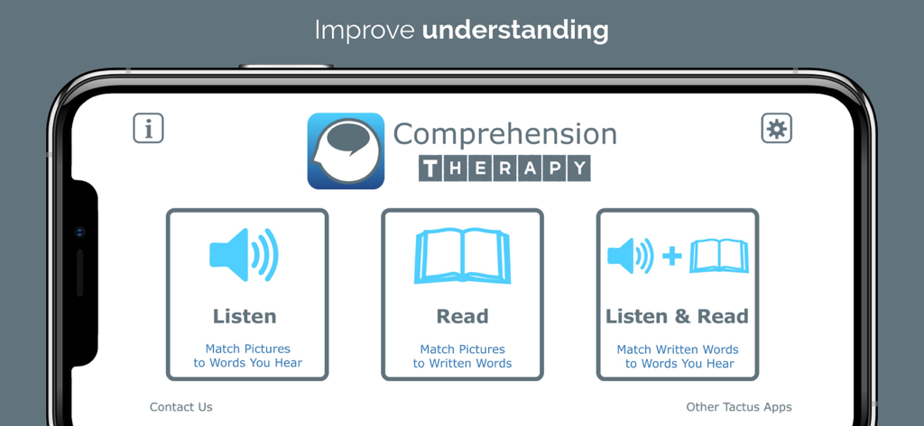 Comprehension Therapy - Main menu of the Comprehension Therapy app showing Listen, Read, and Listen and Read training modes.