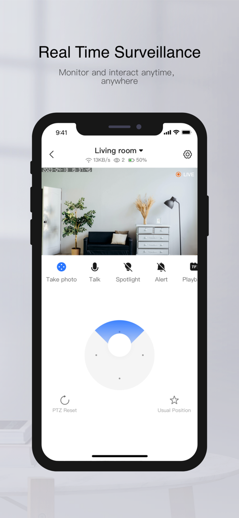 Écran de surveillance en temps réel de l'application Yoosee affichant le flux vidéo d'une caméra du salon avec télécommandes
