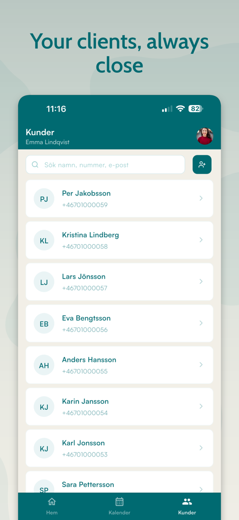 Eine Kundenlistenansicht in der mobilen bokin business App mit Namen und Telefonnummern.