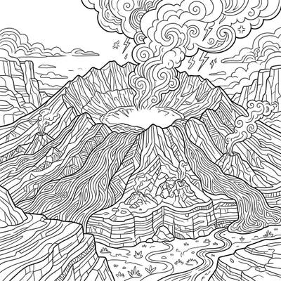 Dive into the powerful beauty of a supervolcano with this incredibly detailed adult coloring page. Explore the intricate lines of an erupting landscape designed for relaxation and creative expression.
