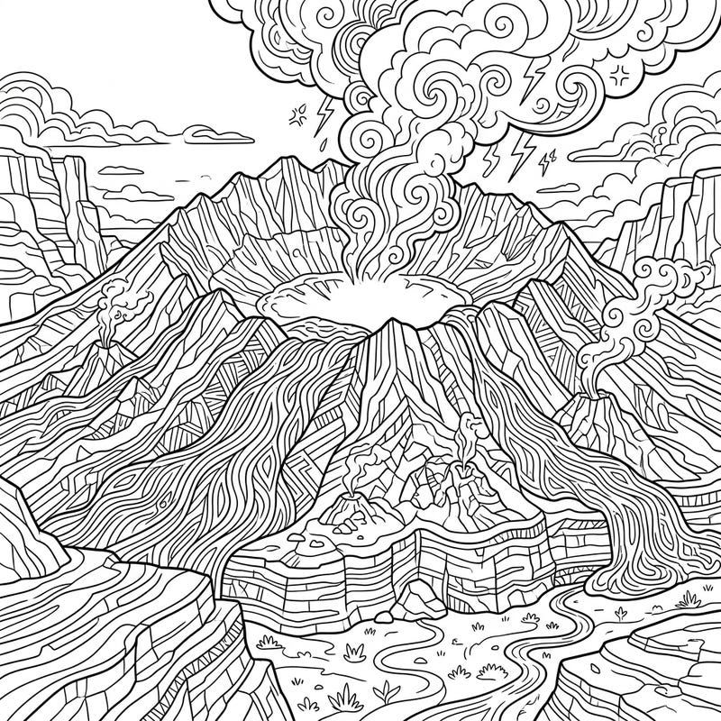 Dive into the powerful beauty of a supervolcano with this incredibly detailed adult coloring page. Explore the intricate lines of an erupting landscape designed for relaxation and creative expression.