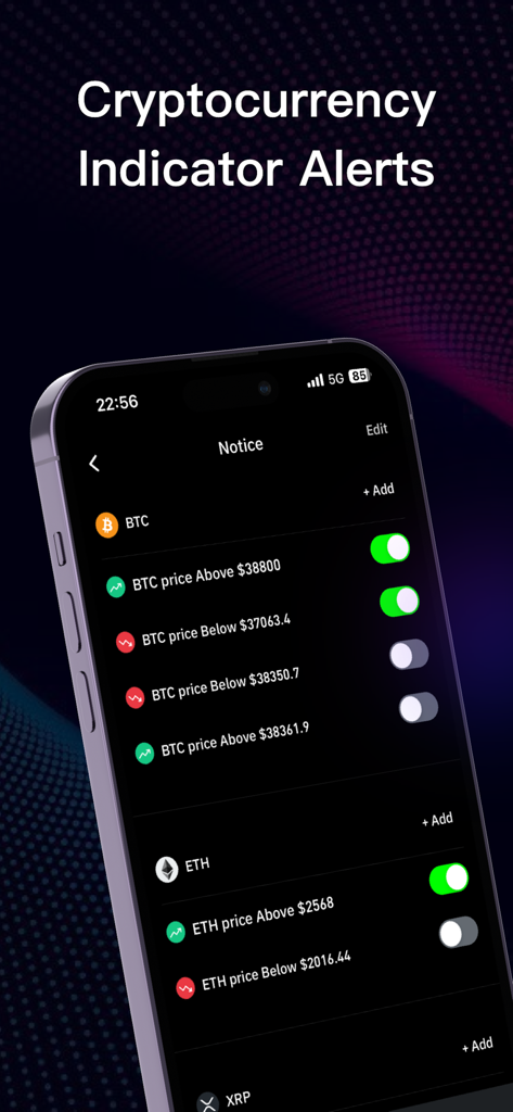 CoinGlass - Bitcoin & Crypto - Smartphone screen showing customizable cryptocurrency price alerts for Bitcoin and Ethereum on the CoinGlass app.