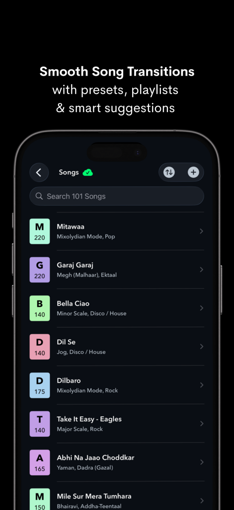 Interfaz de la aplicación NaadSadhana mostrando una lista de canciones con sus ragas y escalas musicales para práctica y interpretación