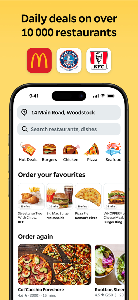 Mr D - Groceries & Takeaway - Mr D mobile app interface showing food delivery options and daily restaurant deals in South Africa