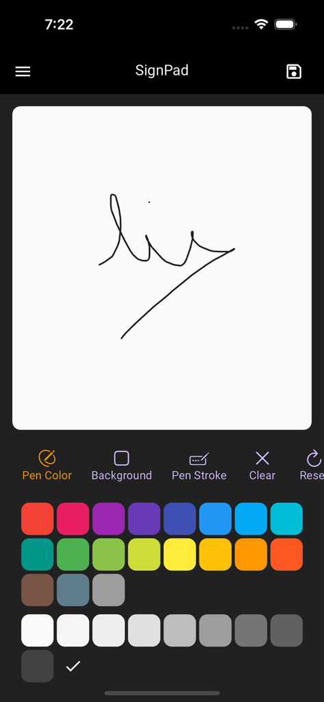 SignPad mobile app interface showing a handwritten digital signature and a color selection palette for pen customization.