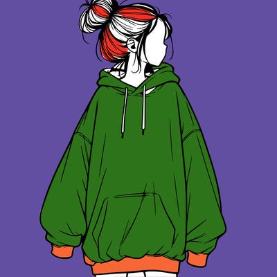 realistic girl with a oversized sweatshirt on and a bun