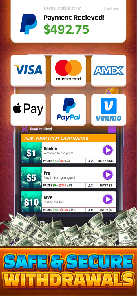 Real Money Roulette & Slots - Mobile app screen showing secure withdrawal methods like PayPal and Apple Pay for Real Money Roulette and Slots
