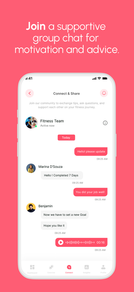 Pelvic Floor & Core Coach - Community group chat interface in the Pelvic Floor and Core Coach app showing supportive messages and a fitness team interaction.