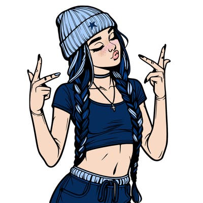 realistic teenage girl with braids and a beanie and crop top doing 🫶🏼