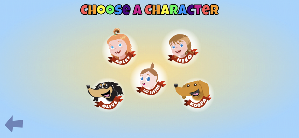 Character selection screen in Unicorn Catch featuring Adley Niko Lil Sister Olive and Koopa