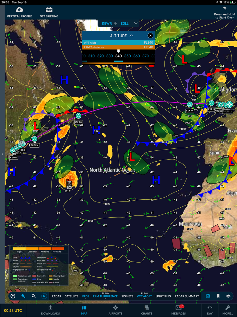 WSI Pilotbrief Optima - Professional aviation weather map showing transoceanic flight route and turbulence data on iPad