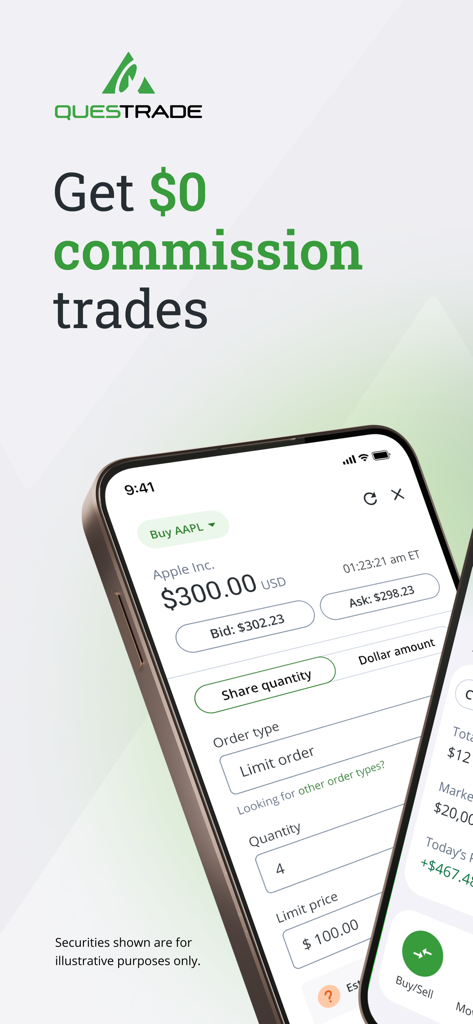 QuestMobile app interface displaying zero commission stock trading for Apple Inc