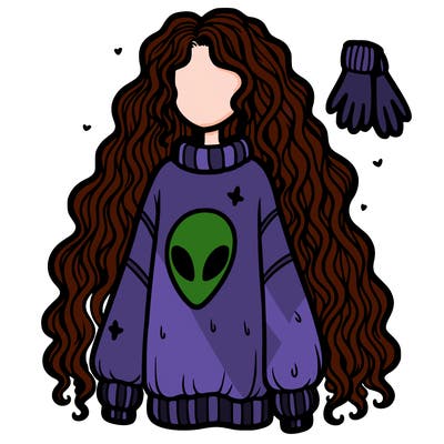long curly hair, baggy sweater, gloves, alien on sweater