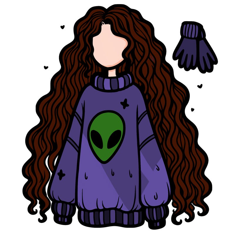 long curly hair, baggy sweater, gloves, alien on sweater