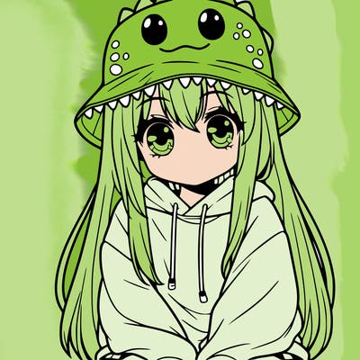 girl with anime shaped eyes with a dinosaur bucket hat oversized sweatshirt long straight hair