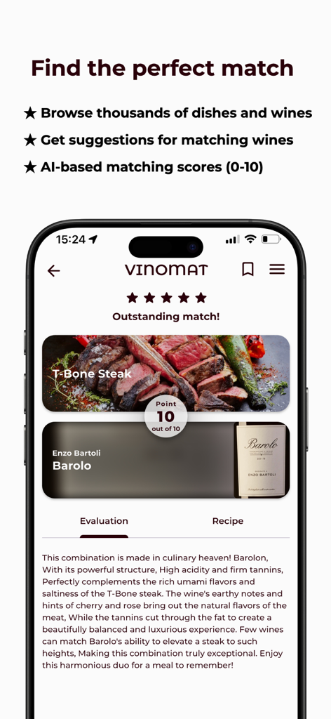 Vinomat mobile app interface showing a perfect pairing score of 10 for T-Bone steak and Barolo wine with an AI evaluation