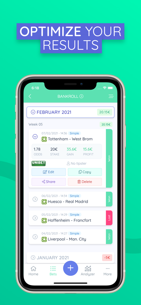 Bet Analytix app interface showing sports betting bankroll history and performance statistics
