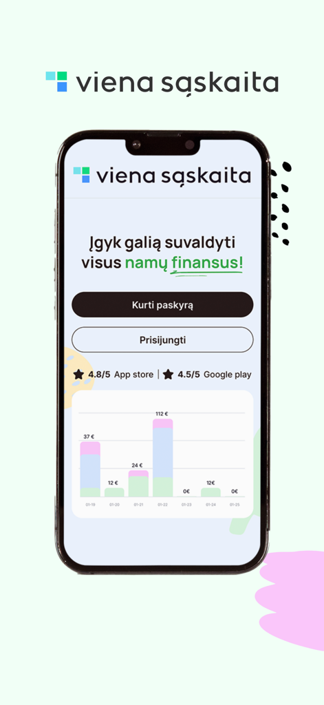 Viena sąskaita - Pantalla de inicio de la aplicación Viena saskaita con gráfico de seguimiento de gastos y botones de inicio de sesión.