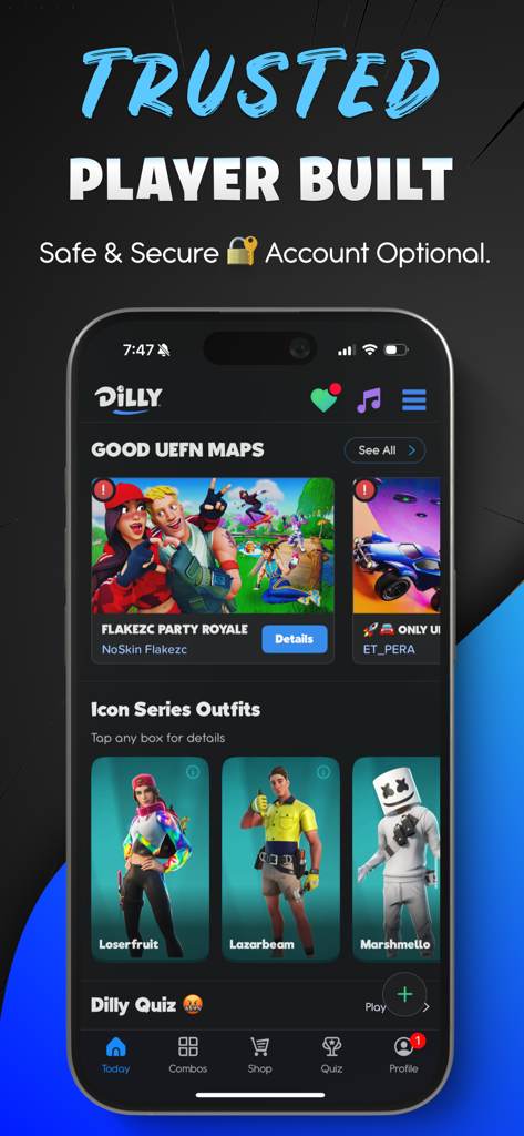 Dilly for Fortnite - Dilly for Fortnite app home screen featuring UEFN maps and Icon Series outfits like Marshmello and Lazarbeam