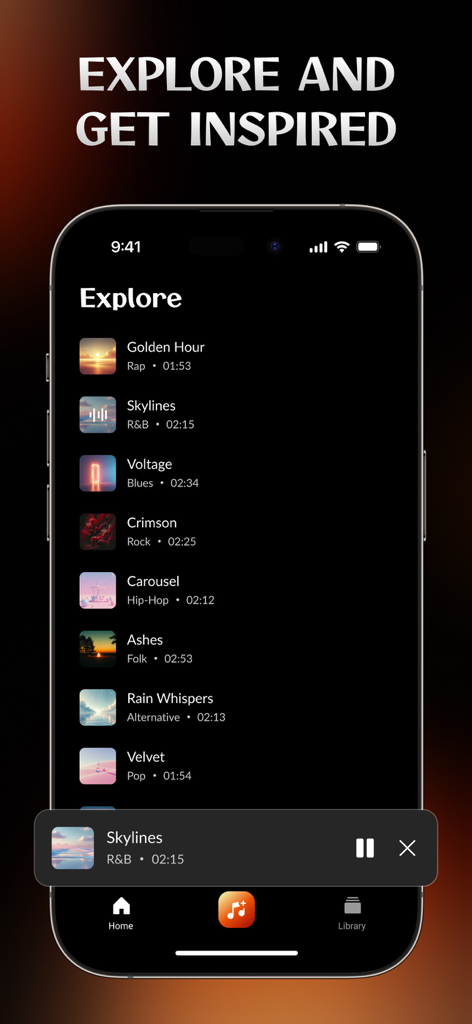 Melora: AI Music Generator - Explore tab in Melora AI Music Generator app showing a feed of AI-generated songs across different genres like Rap, R&B, and Rock.