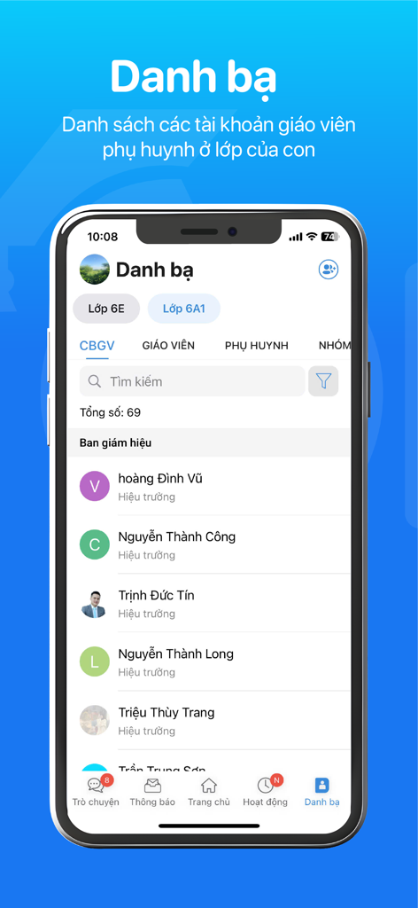eNetViet - eNetViet app interface showing a list of school teachers and administrators in a contacts directory.