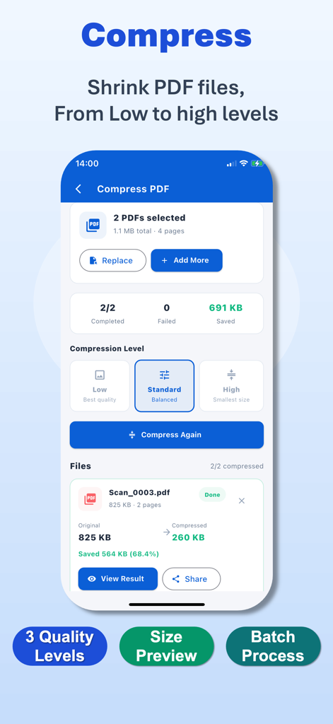PDF Maker: Scanner & Converter - Interfaz de PDF Maker mostrando la herramienta de compresión de PDF con niveles de calidad y vista previa de reducción de tamaño de archivo
