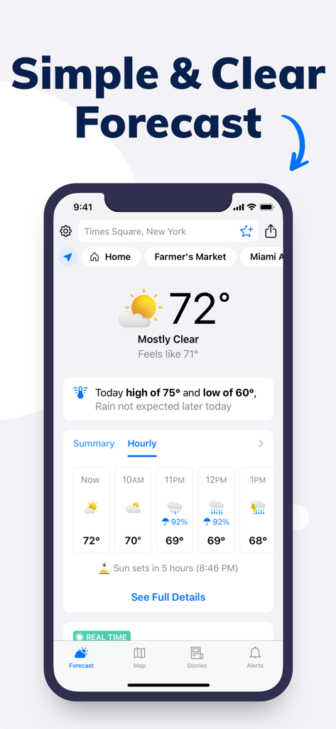 Tomorrow.ioモバイルアプリに、ニューヨーク市のシンプルで明確な時間ごとの天気予報が表示されています。