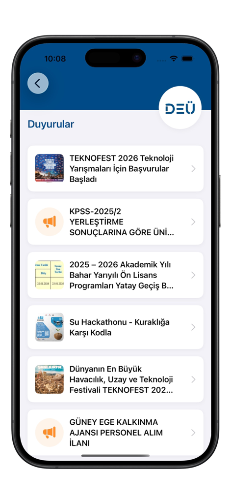 DEU Mobil - A smartphone screen displaying the announcements section of the DEU Mobil app with university news and event listings