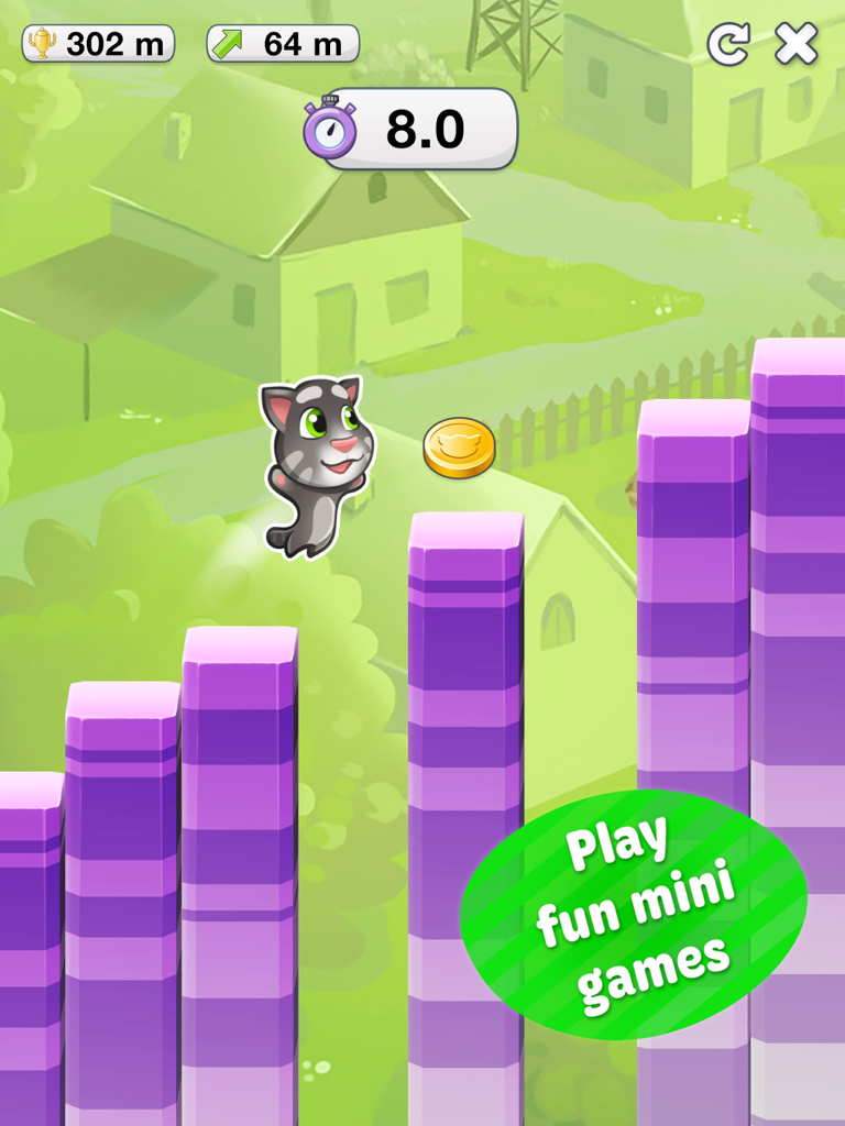 Talking Tom jumping between purple pillars in a mini game
