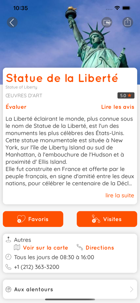 MisterFly - MisterFly mobile app interface showing a travel guide for the Statue of Liberty with description, ratings, and navigation options.