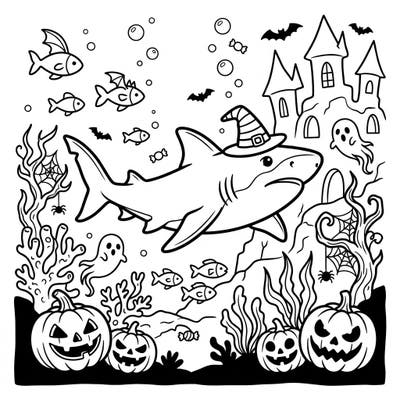 Plunge into a fin-tastic Halloween adventure with this unique coloring page featuring a lemon shark ready for trick-or-treating. Discover an enchanting underwater world filled with spooky jack-o'-lanterns, playful ghosts, and bewitched sea creatures.