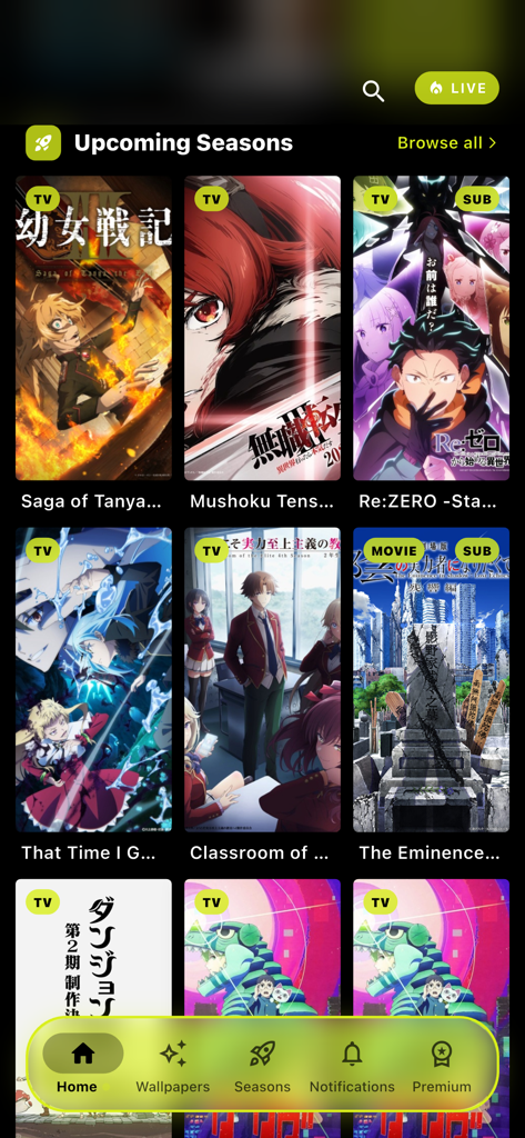 hianime animekai : anime plus - App interface displaying upcoming anime titles and seasons