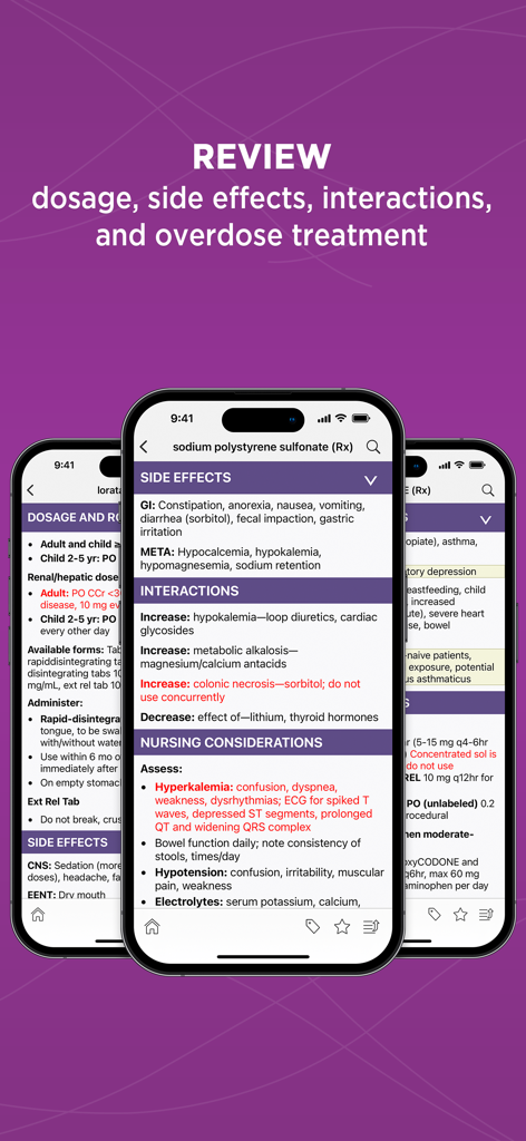 약물 복용량 및 부작용 검토를 위한 Mosby's Drug Reference 앱 인터페이스
