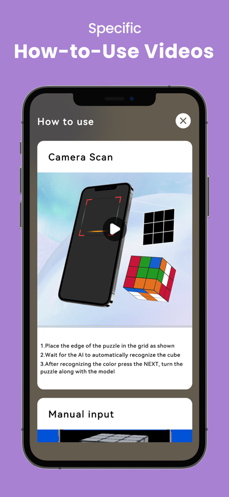 Capture d'écran de l'application Magic Cube AI montrant comment utiliser la numérisation par caméra et les options de saisie manuelle avec des tutoriels vidéo.