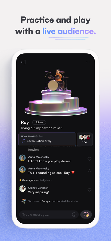 Tonic Music - Interfaz de la aplicación Tonic Music que muestra una sesión de práctica en vivo con un avatar de baterista 3D y comentarios de la audiencia.