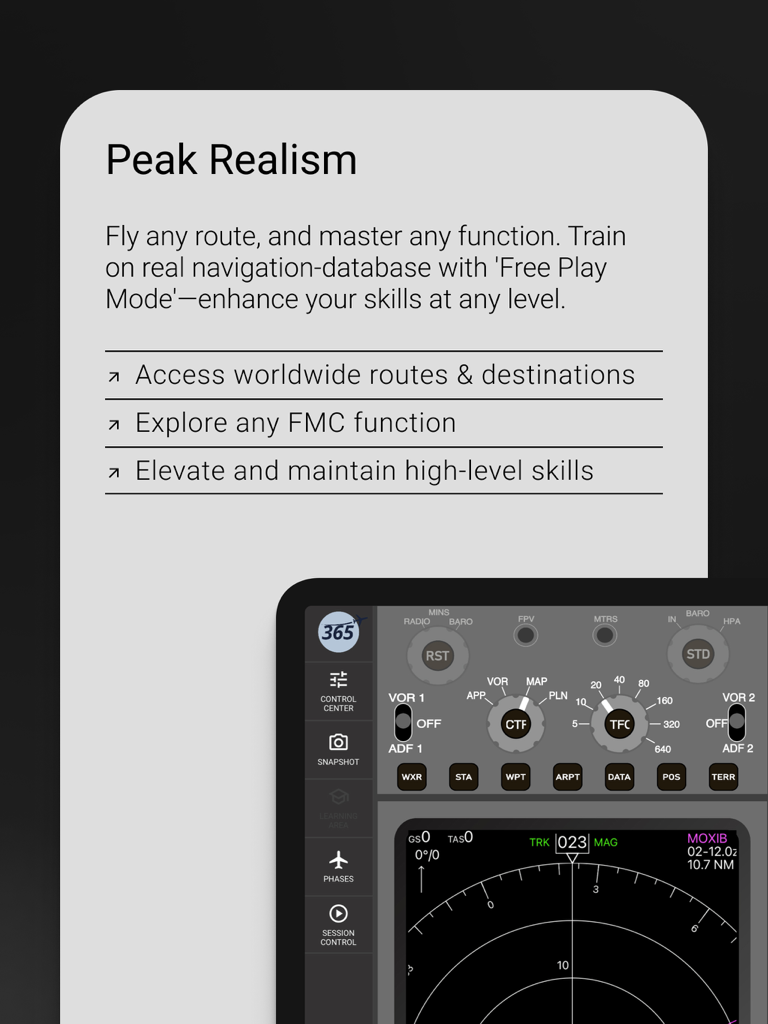 Interfaz profesional del simulador de sistema de gestión de vuelo B737 para entrenamiento de pilotos.