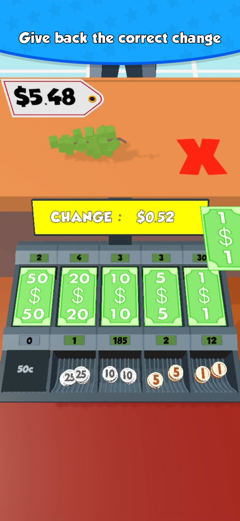 A gameplay screenshot of Cashier 3D showing a cash register interface and the instruction to give back correct change